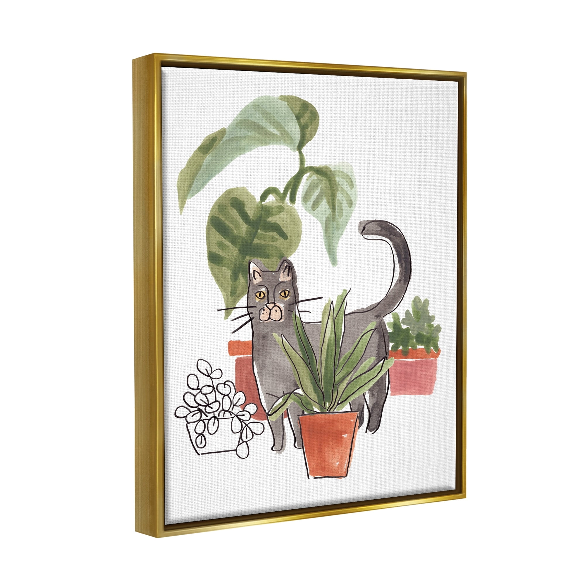 Stupell Industries Grey Cat Pet Terracotta House Plants Tropical Monstera Metallic Gold Framed Floating Canvas Wall Art, 16x20, by June Erica Vess