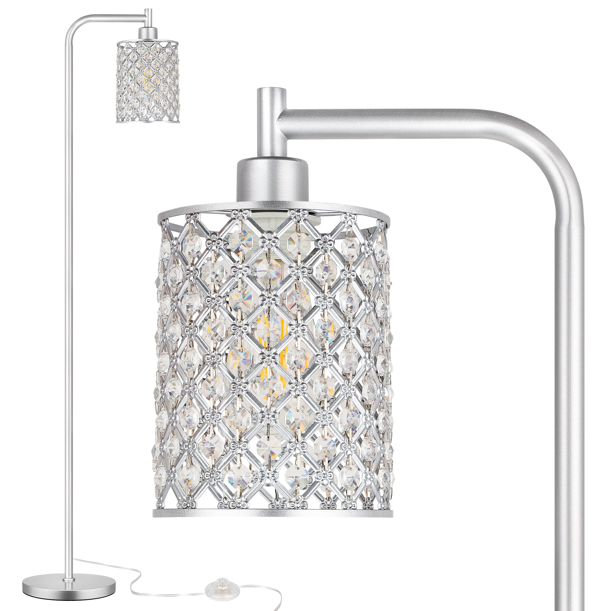 67” Industrial Floor Lamp for Living Room, Modern Standing Lamp with Crystal Lampshade Tall Lamp for Bedroom Study Room, Silver