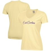 Women's Gold ECU Pirates Script Logo Comfort Wash V-Neck T-Shirt