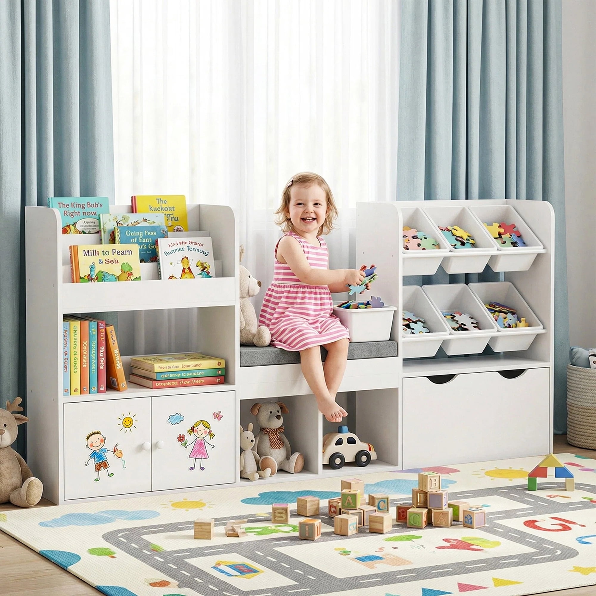 Reasea Kids Bookshelf with Reading Nook & Storage Bench, 73 Inch Toy Organizer with Movable Drawer & 6 Removable Bins, Montessori Reading Corner Furniture for Playroom & Bedroom