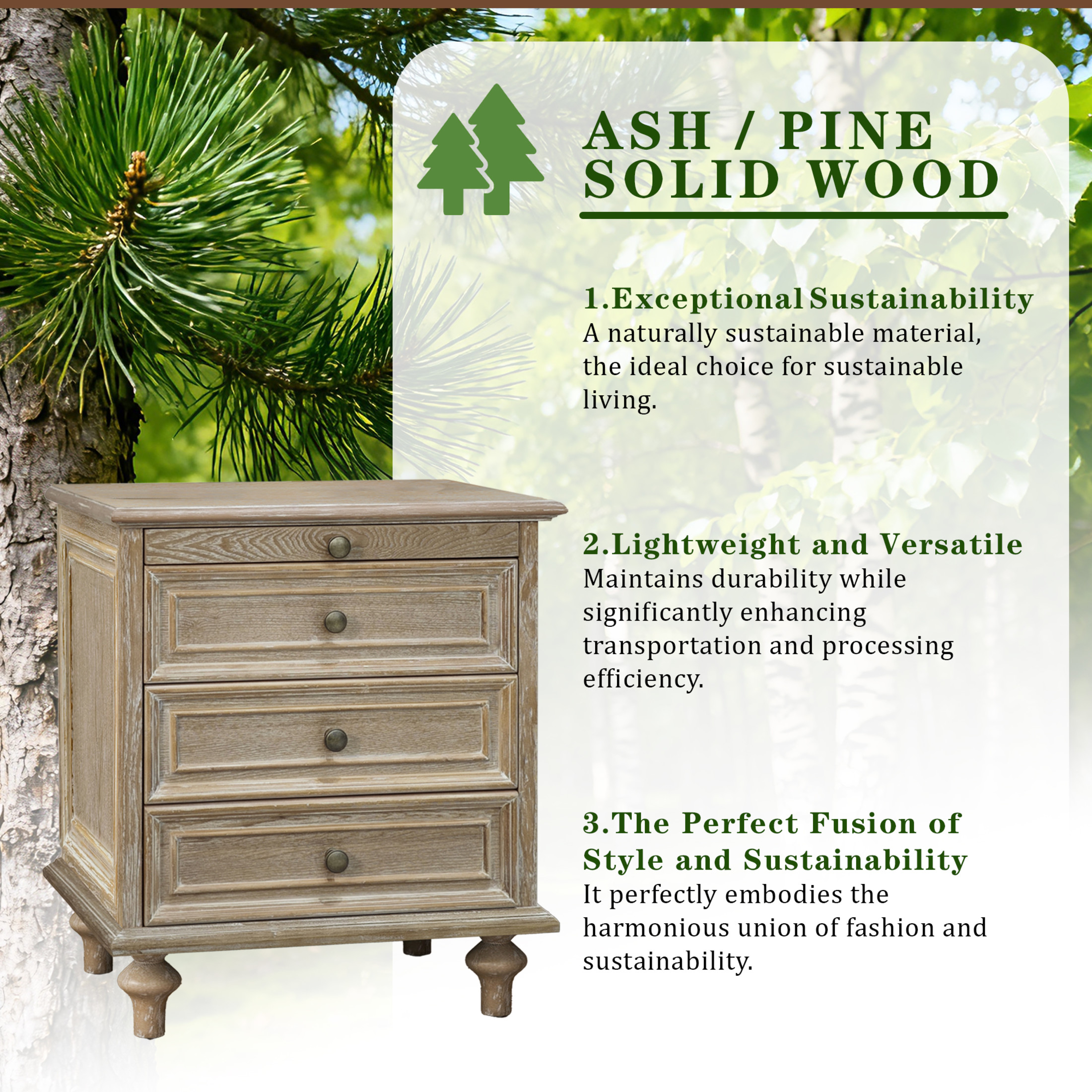 GDF Studio Farmhouse Nightstand with 3 Drawers & Pull-Out Tray, Solid Wood Legs, Natural+White