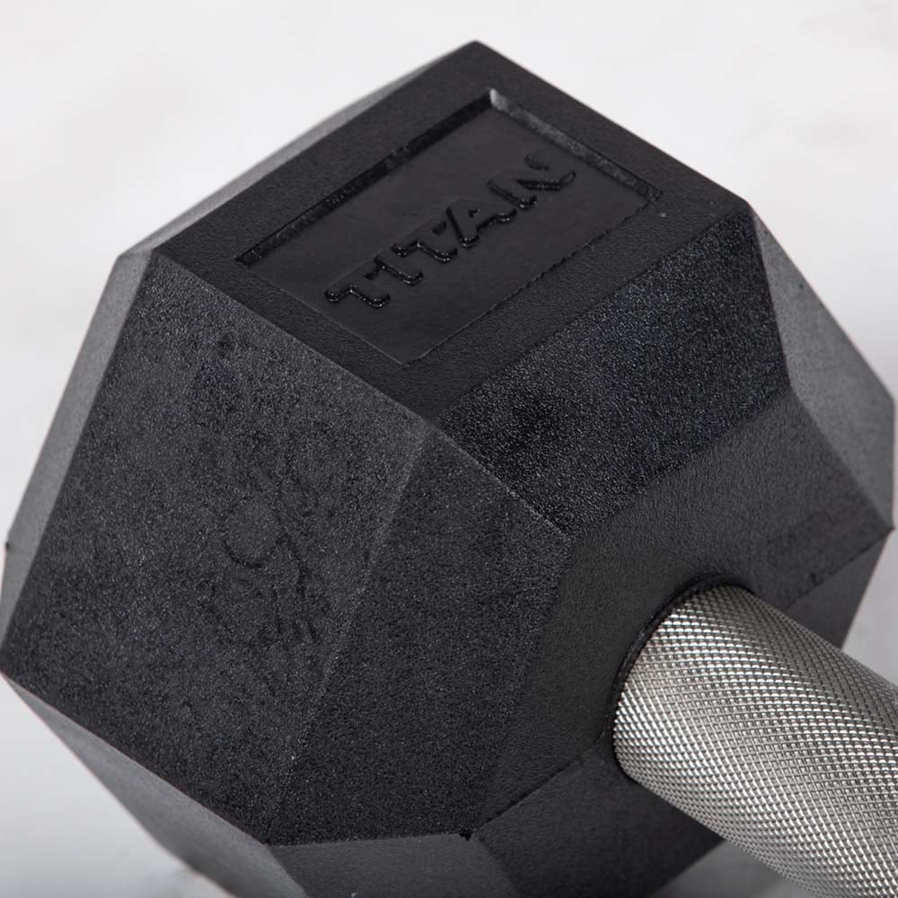 Titan Fitness 40 LB Pair Free Weights, Black Rubber Coated Hex Dumbbell, Straight Stainless Steel Handle, Strength Training, Full Body Workout
