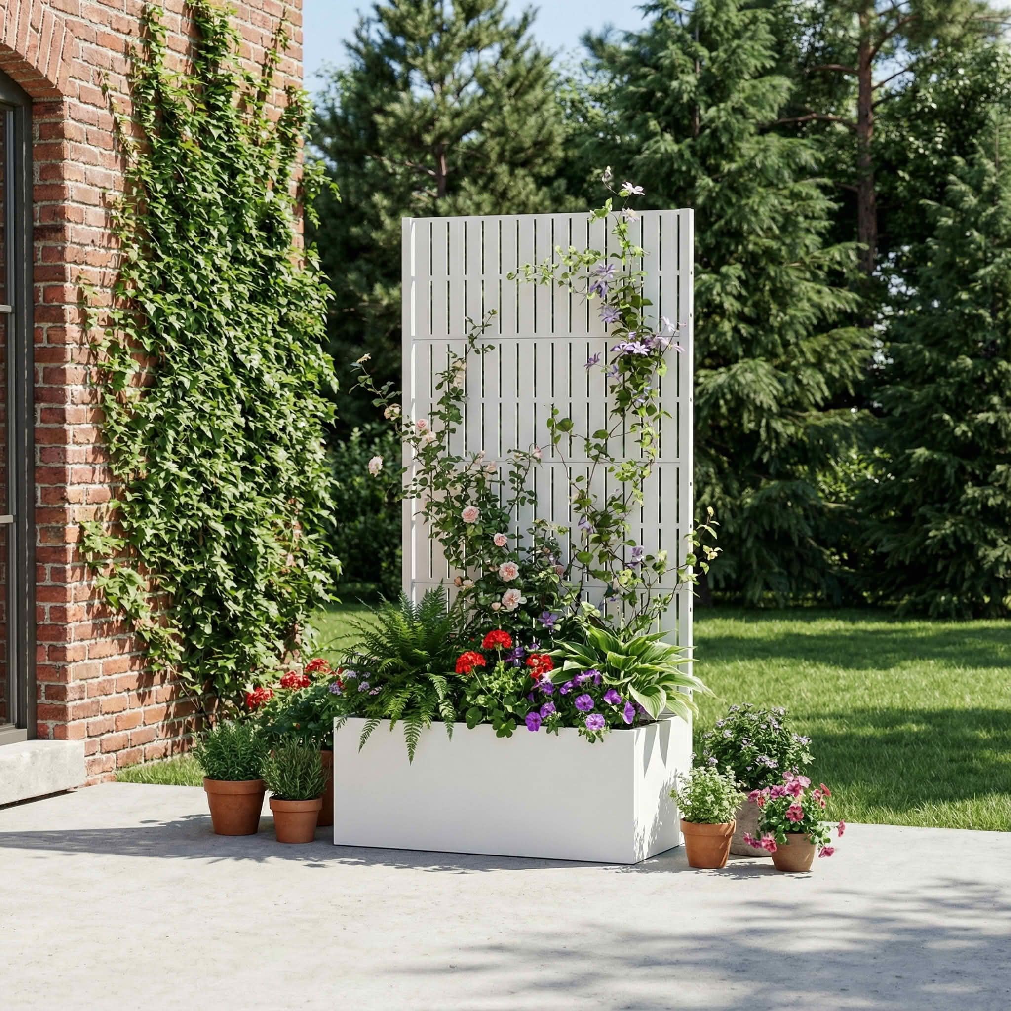 MAYEERTY 59X30" Metal Outdoor White Privacy Screen with Planter Box for Backyard & Garden, 4 Piece Set