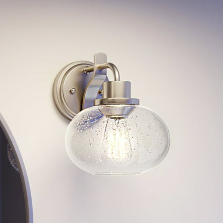 Luxury Utilitarian Indoor Wall Sconce  9.50  H x 8.00  W  with Coastal Style Elements  Nautical Design  Brushed Nickel Finish and Clear Seeded Glass  UQL3391