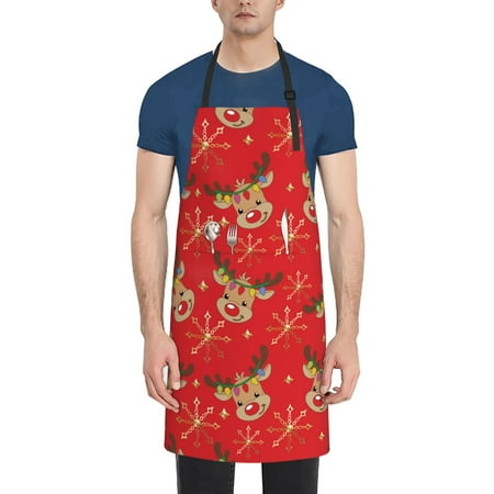 

Pofeuu Christmas With Cute Deer Print Waterproof Apron with Pockets Adjustable Cooking Aprons Kitchen Bib for Baking Household Cleaning