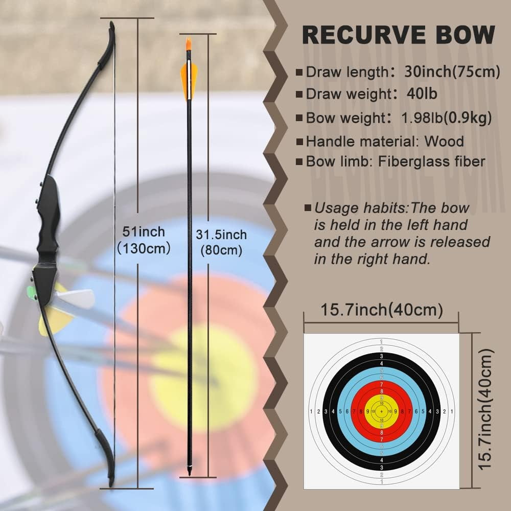 Outdoor Recurve Bow and Arrow Set 40 Pounds Adult Professional Hunting Bow and Arrow Shooting Practice Arrow Set Accessories