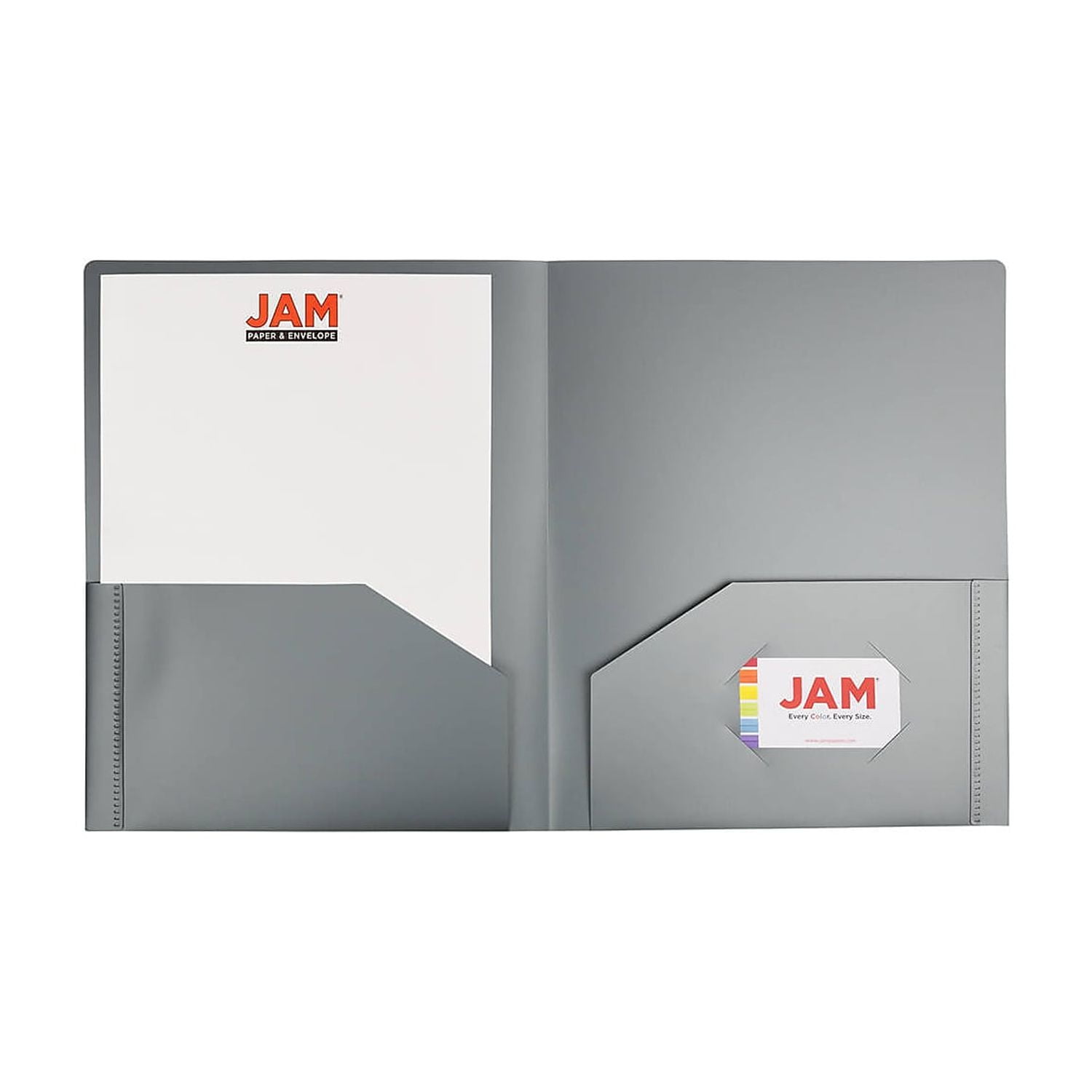 JAM Paper Heavy Duty Plastic 2 Pocket School Folders, Silver, 6/Pack