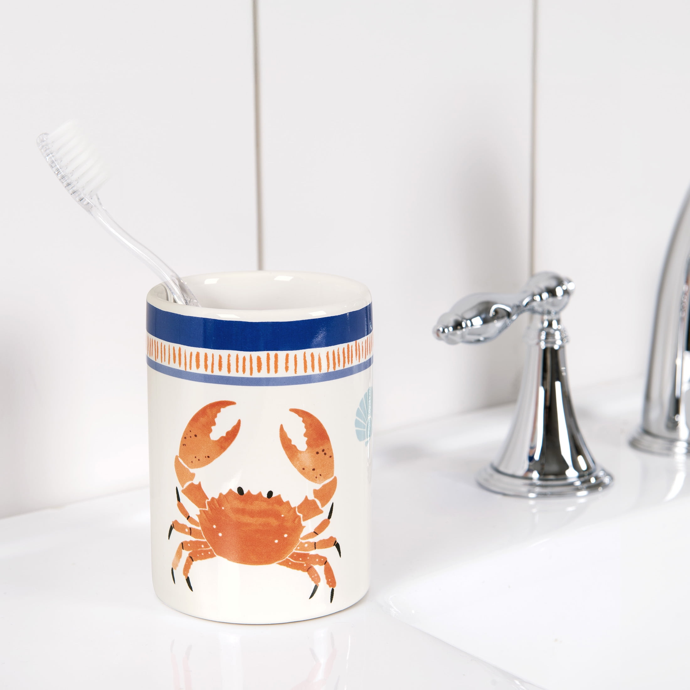 Mainstays Crab Two-piece Ceramic Bath Accessory Set with Soap Pump and Toothbrush Holder, for Adults