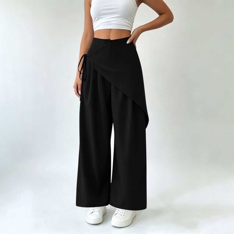 black wide leg dress pants womens Hinvhai Women's Bow Tie Wrap Pants Elegant Business Casual Solid Color Long Pants with Button Black, Size: 2XL Size:28/30 Men's Black Pure Wool Size Chart Say hello St. Patrick's Day