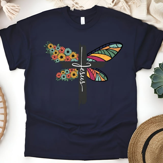 T-Shirt Chrétien Croix de Jésus avec Fleurs et Ailes de Papillon, Marine, Taille G