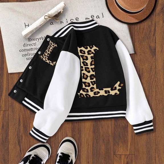 Kids Baseball Jacket Leopard Letter L Print College Style Baseball Top Black 13 Y-14 Y