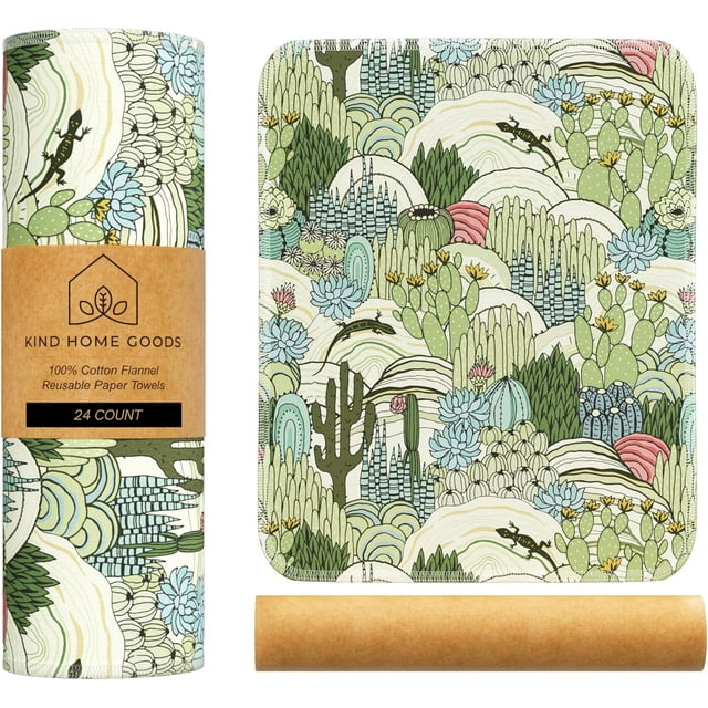 Kind Home Goods Reusable Cloth Towels - 12' x 10' Cotton Flannel Kitchen Cloth - 24 Count - Cactus