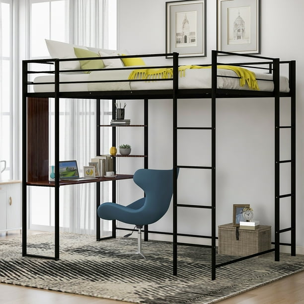 Metal Loft Bed Full Size with 2 Shelves and 1 Desk, Heavy Duty Metal