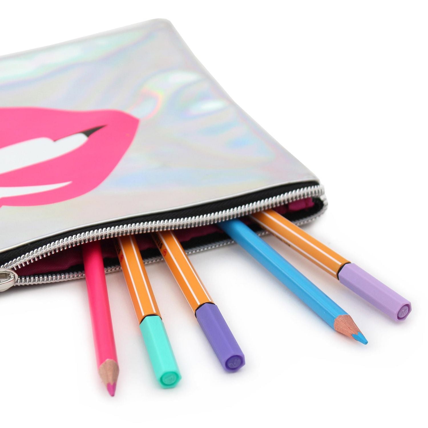 Pen+Gear Metallic Icon Pencil Pouch with Bold Lips Design and Silver Zip