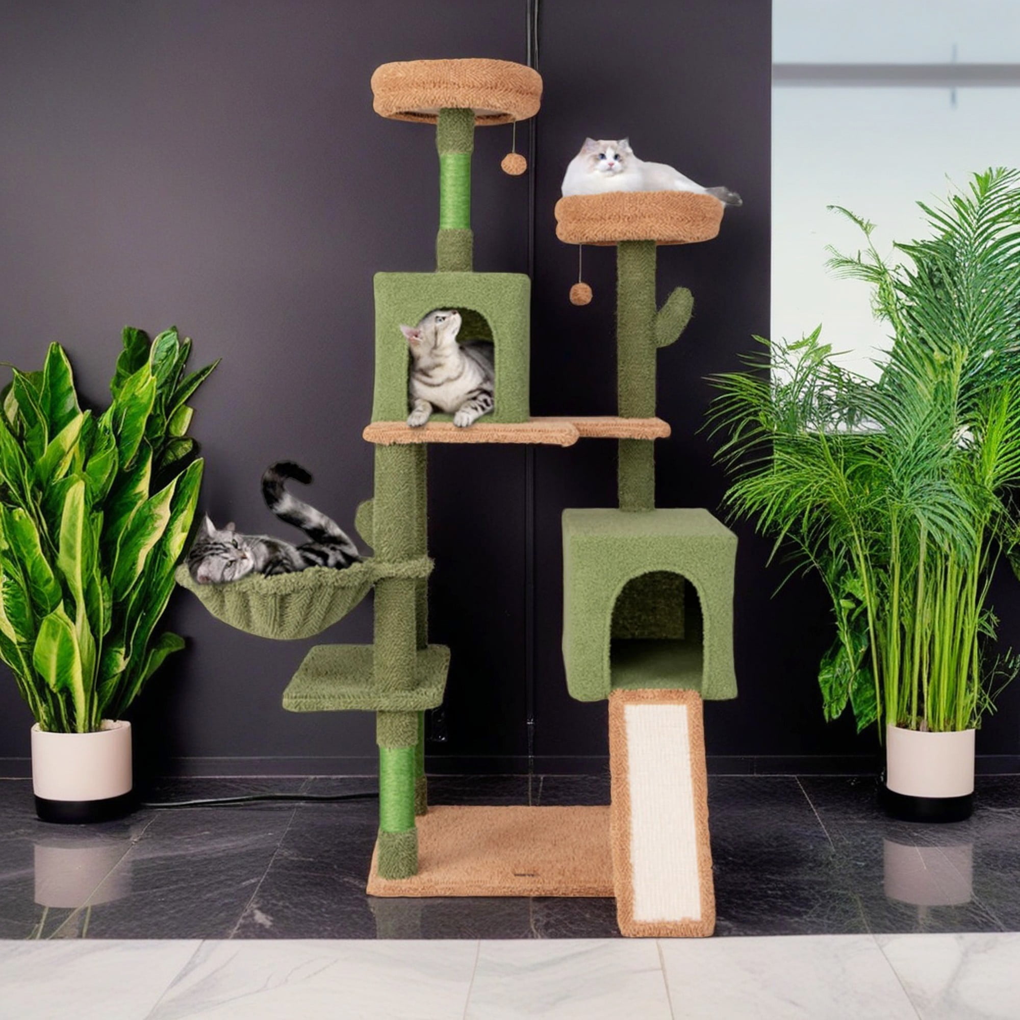 Kadyn 63" Cactus Cat Tree Tower for Indoor Cats, Multi-Level Cat Condo, Cat Tree House with Hammock, Sisal Scratching Posts and Ladder, Green