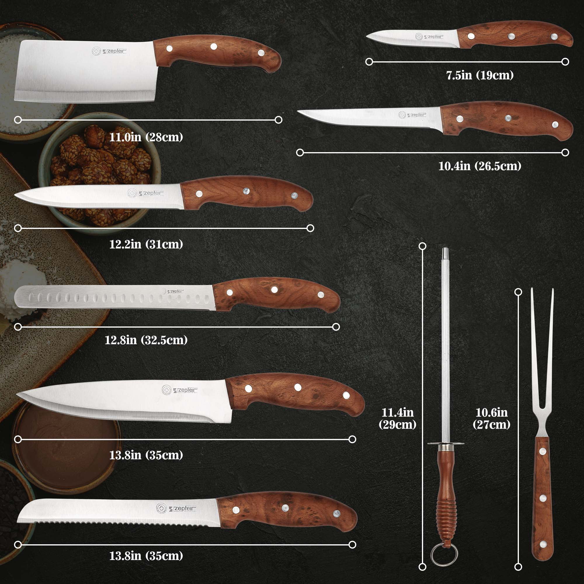 Blusmart 9-Piece Kitchen Knife Set with Portable Roll Bag, High-Performance Stainless Steel Professional Chef Knife Set, Ergonomic Knife Collection for Home, Camping and BBQ, Brown