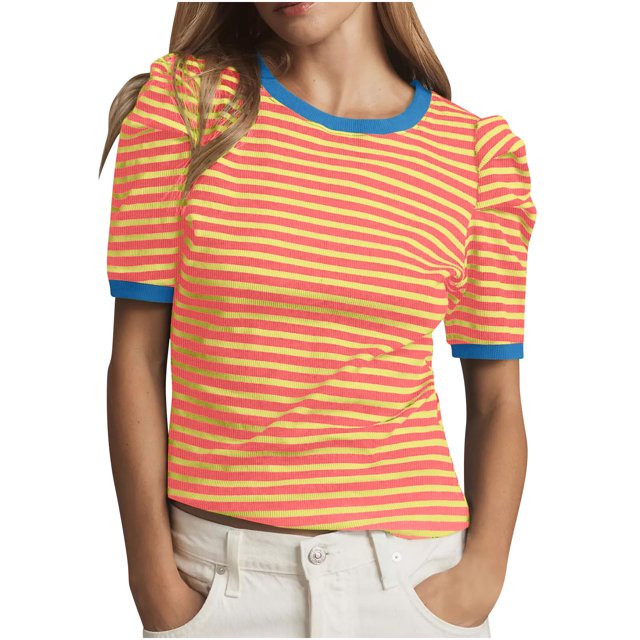 Hauts d'Été pour Femmes Ndbuld T-Shirt d'Été à Rayures pour Femmes à Manches Courtes Manches Bouffantes Blouse à Col Rond Décontractée Klim à Blocs de Couleur Tendance T-Shirts à Col Rond à Rayures Hauts Rabais, Orange, m