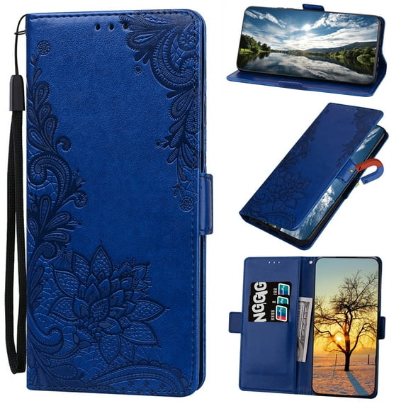 Nalacover Wallet For iPhone X/iPhone XS 5.8 inch Case,Stylish Full Protection Embossed Lotus Pattern PU Leather Flip Kickstand Card Slots Shockproof Magnetic Cover with Wrist Strap.Darkblue