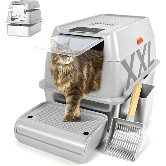 Kalolary Stainless Steel Cat Litter Box with Lid, Enclosed Removable Metal Litter Tray for Large Cat with High Sided Enclosure, Scoop, Pedal, Anti-Leakage, Non-Sticky, Easy Cleaning (Grey)