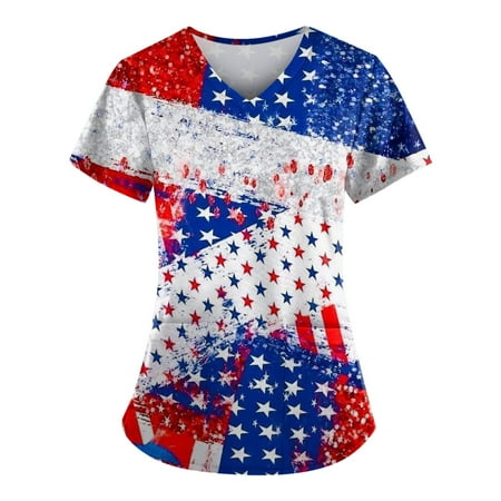 PURJKPU Womens Independence Day Printed Scrub Tops 4th of July Patriotic Flag Printed Nurse Uniform Fun Short Sleeve V Neck Working Shirts with Pockets Deep Red L