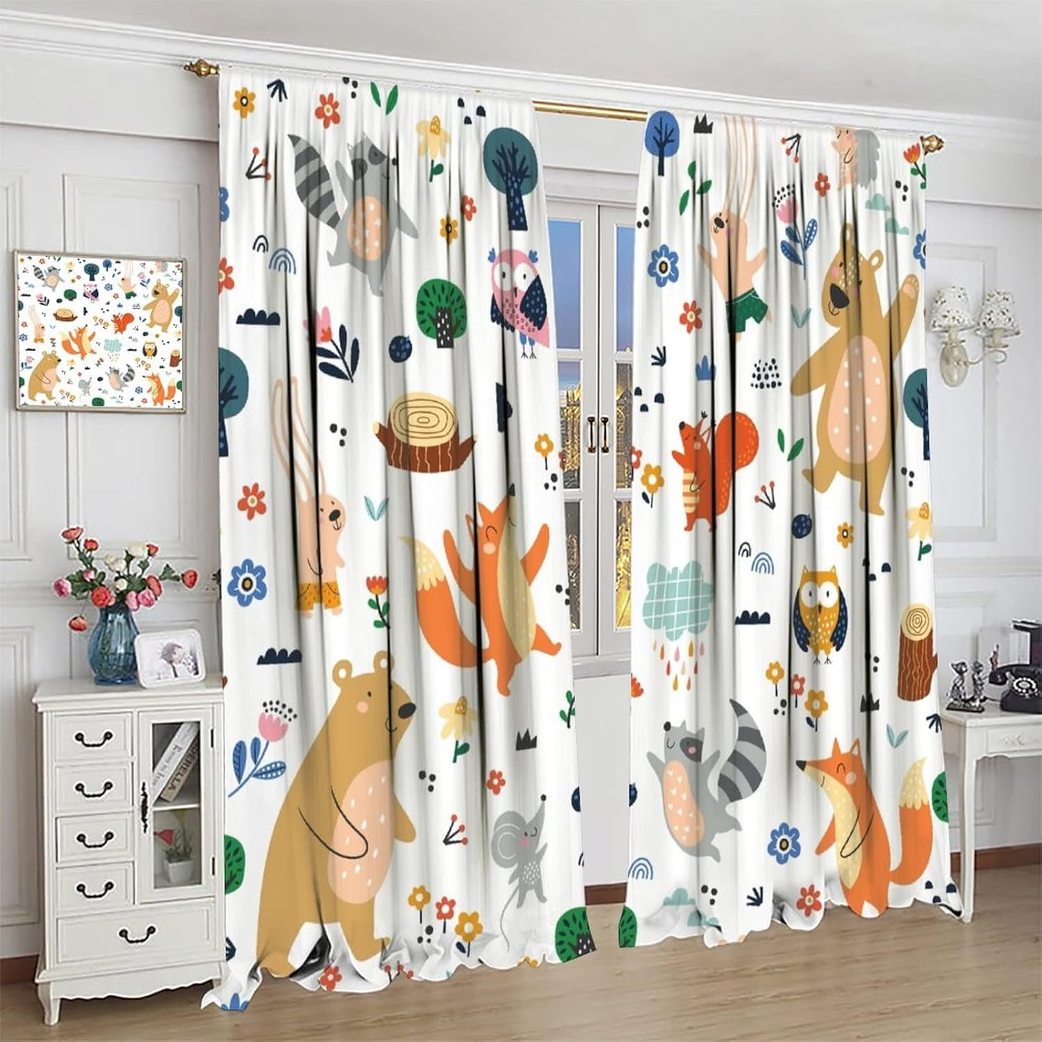 Kids Blackout Curtains,Each Panel W26 x 84" L,Baby Room Cartoon Forest Animal Cute Bear Fox Rod Pocket Curtains for Boys Girls Bedroom Living Room Nursery Window Drapes 2 Panel Set 52" x 84"