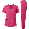 thumbnail image 2 of Stamzod Women's Fashion Nursing Scrubs Two Piece Solid Color V Neck Short Sleeve Shirts and Cargo Pants Casual Nurse Uniforms Women Set Hot Pink D S, 2 of 2