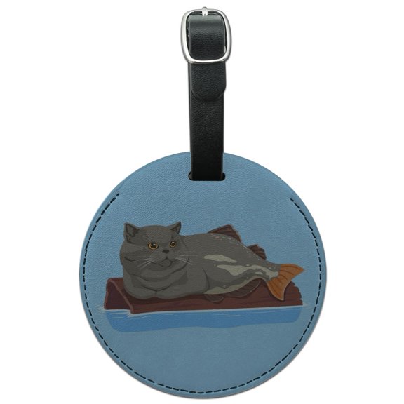 Catfish Mercat Cat Mermaid Sitting On Log Round Leather Luggage Card Suitcase Carry-On ID Tag