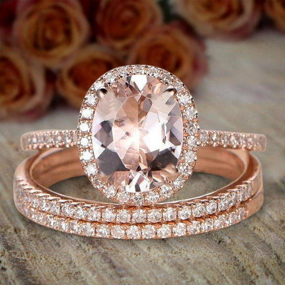 3 Carat 8x6mm Oval Cut Morganite and Diamond Moissanite Trio Ring Set for her with 18k Gold Plating