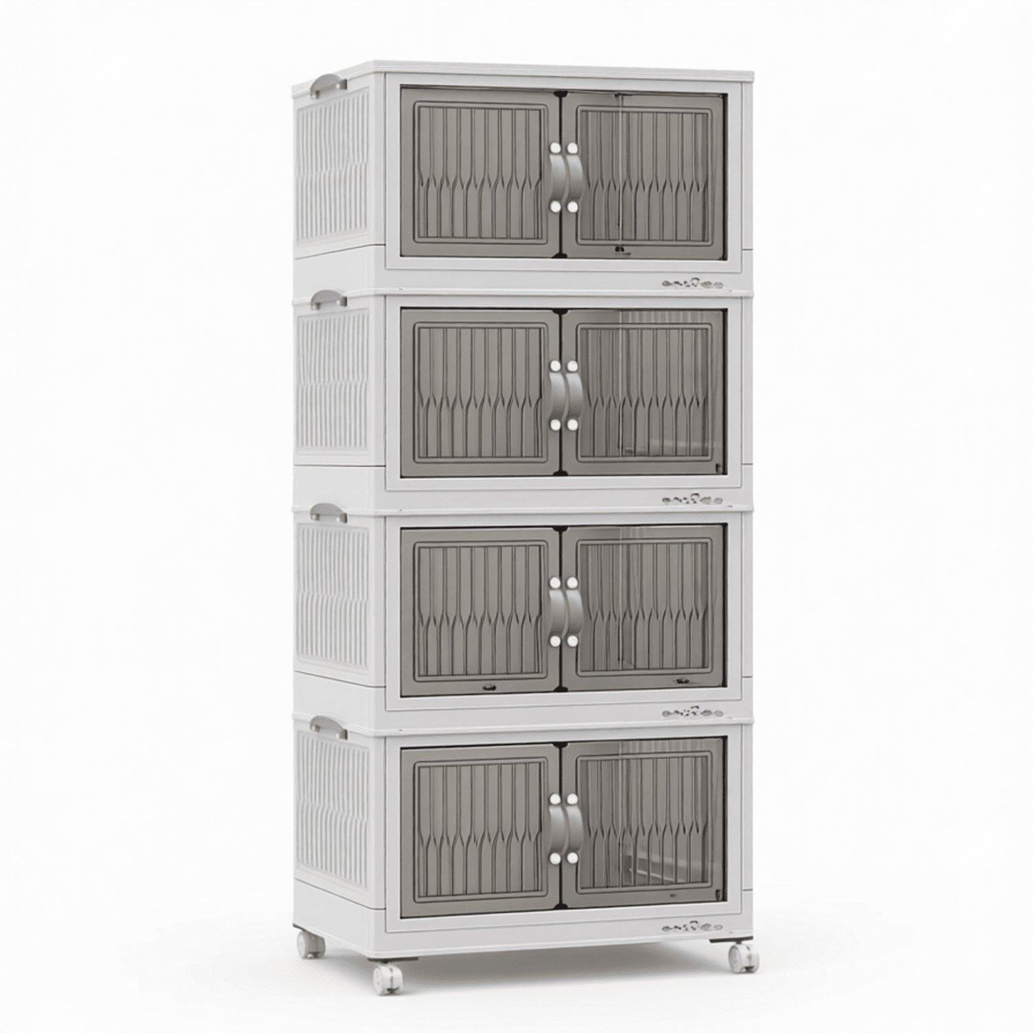 Extra Large Stackable Storage Bins with Lids 4-Pack Collapsible Closet Organizer Boxes with Wheels and Doors Folding Plastic Containers for Home Kitchen and Room Organization White