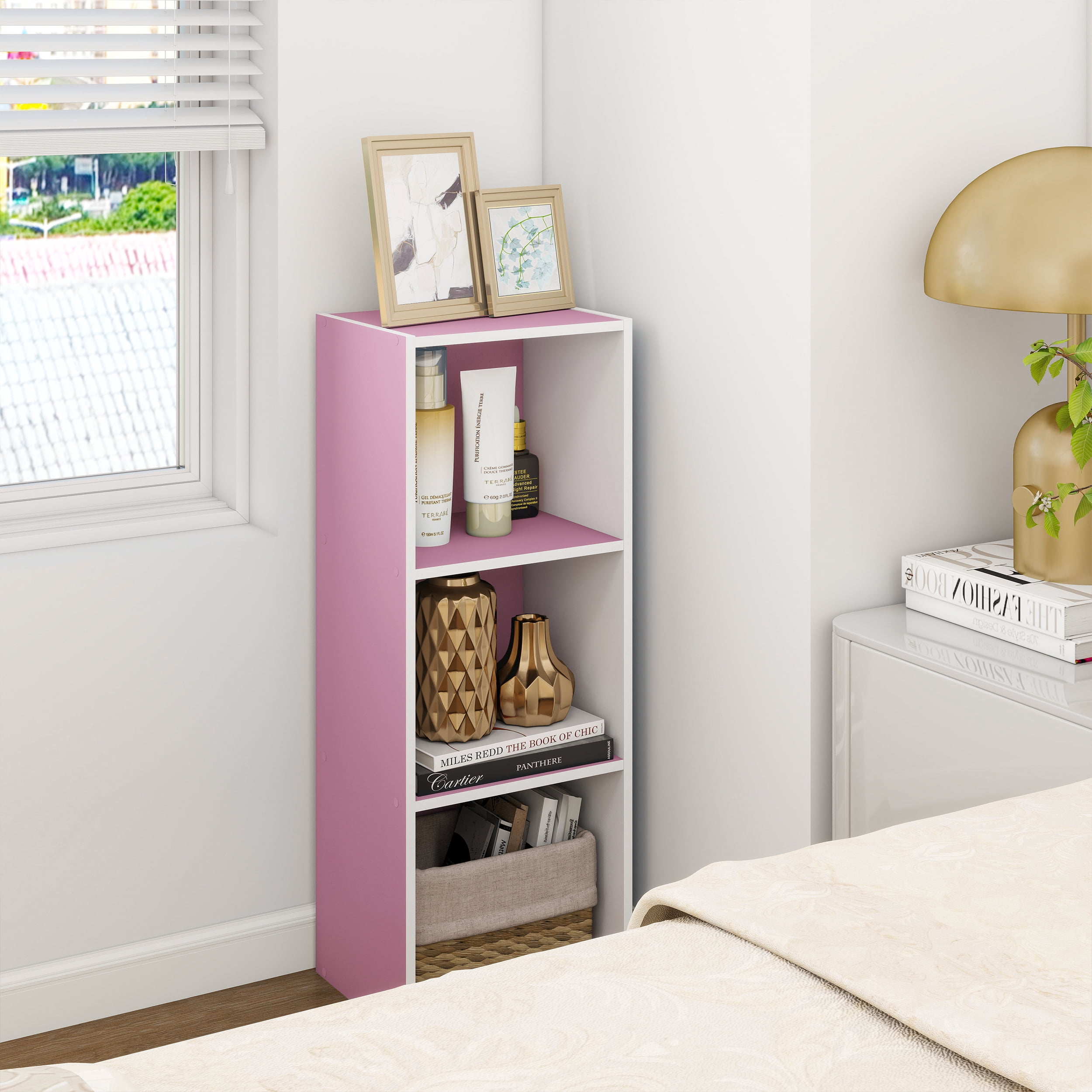 HOMLUX Luder 3-Tier Cube 31.5" Bookcase, Wood Storage Shelf, Small Bookshelf for Home Office & Bedroom, White & Pink