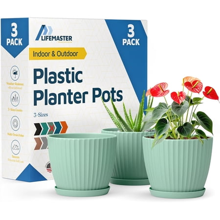 Mint 6-Inch Plant Pots with Drainage & Saucers 3 Pack Indoor & Outdoor Planters for Houseplants Herbs and Flowers Durable & Weatherproof Material Stackable Lightweight Minimalist Design