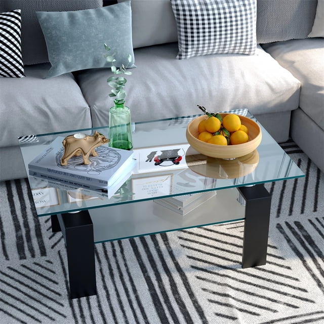 Costway Mesa Baja Rectangular de Vidrio con Repisa Inferior Fácil de Limpiar Ideal para Salón y Oficina Negro 99,5 x 59,5 x 44,5 cm