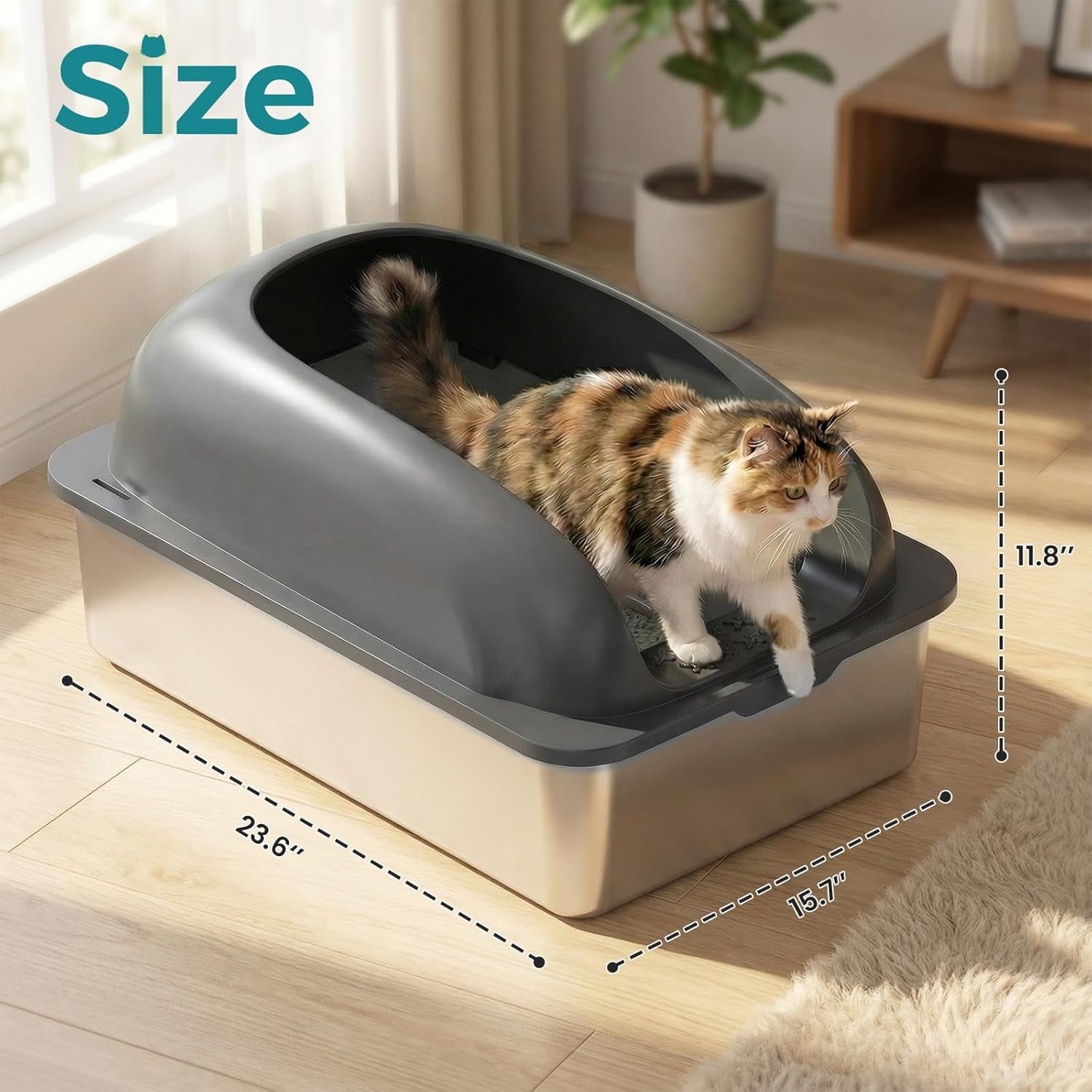 Atilioo Stainless Steel Cat Litter Box with Lid, Metal Litter Pan High Sided, Anti-Urine Leakage, Easy Clean, Never Absorbs Odors, Include Scoop & Mat, Dark Gray