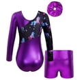 thumbnail image 3 of JanJean Kids Girls Gymnastics Dance Outfits Long Sleeve Ballet Dance Leotards with Shorts Hair Band Purple 8, 3 of 9
