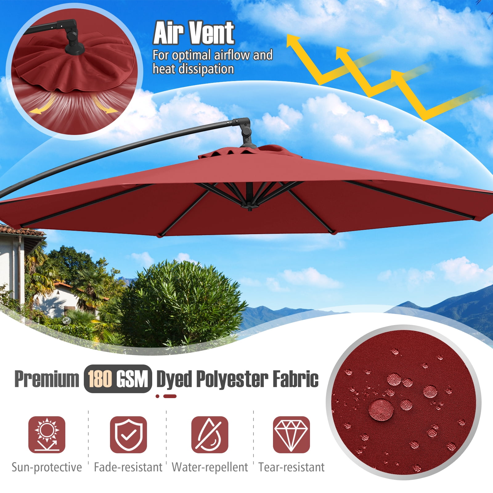 Gymax 10 FT Offset Hanging Umbrella with Base Patio Cantilever Umbrella w/ Infinite Tilt Red