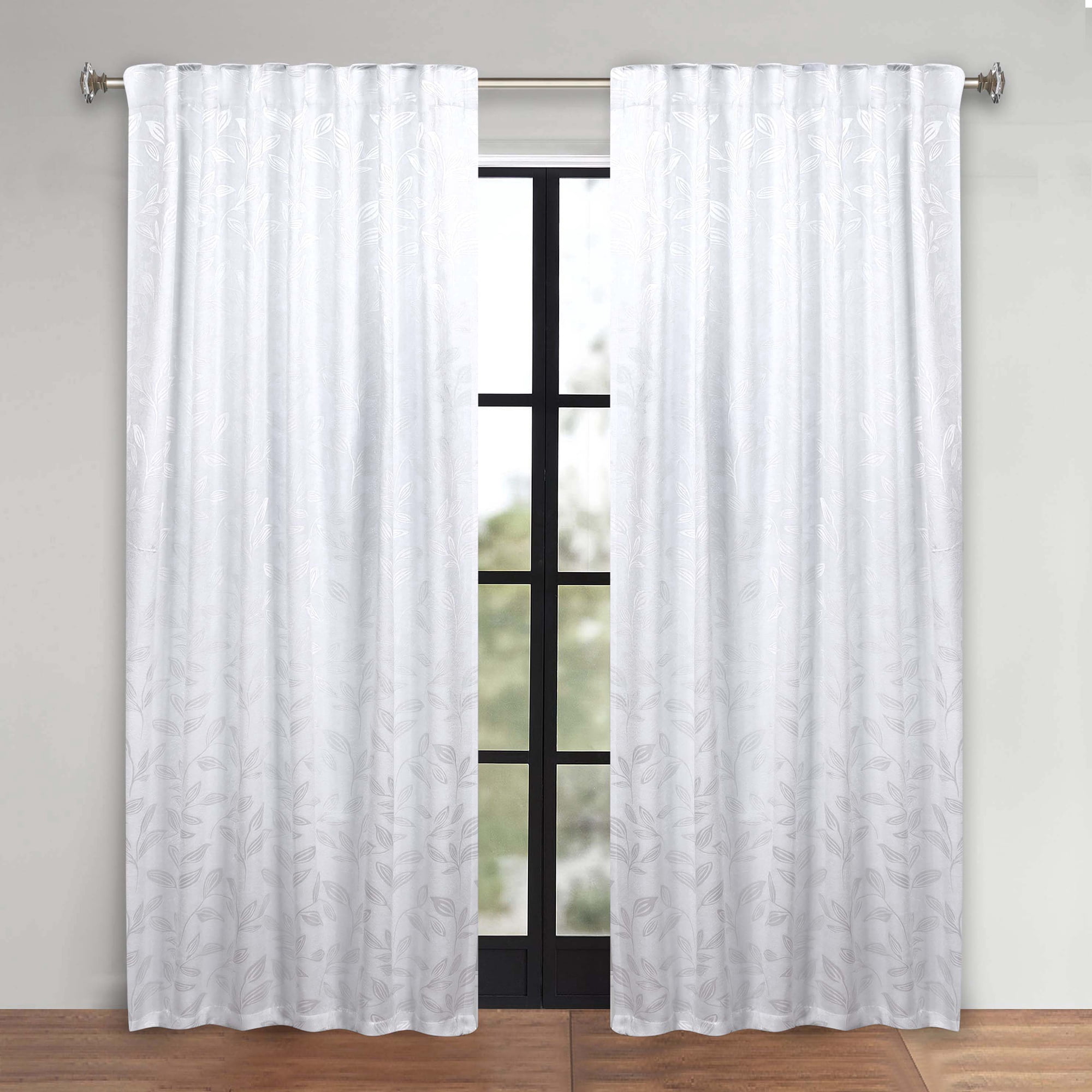 Superior Blackout Leaves Back Tab Curtains Set of 2, Light Filtering Curtain Panel Set, White-White, 52"W x 96"L