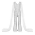 thumbnail image 4 of Alvivi Kids Flower Girl Shiny Sequins Jumpsuit Wide Leg Pants Cape Sleeve Pageant Party Romper White 6, 4 of 7