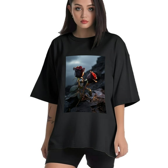 Plus Size Shirt for Women Black Tops for Women Short Sleeves Shirt for Women Roses T Shirt Crewneck Shirt for Women XS