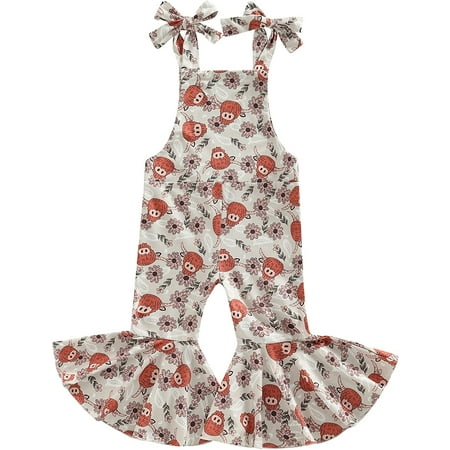 

PIKADINGNIS Toddler Baby Girls Bell Bottom Romper Floral Print Ribbed One Piece Jumpsuit Flared Pants Overalls Bodysuit Clothes