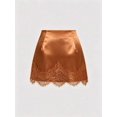 thumbnail image 2 of Coffee Brown Satin Mini Skirt With Intricate Lace Trim, A-Line Elegant Design For Women, 2 of 4