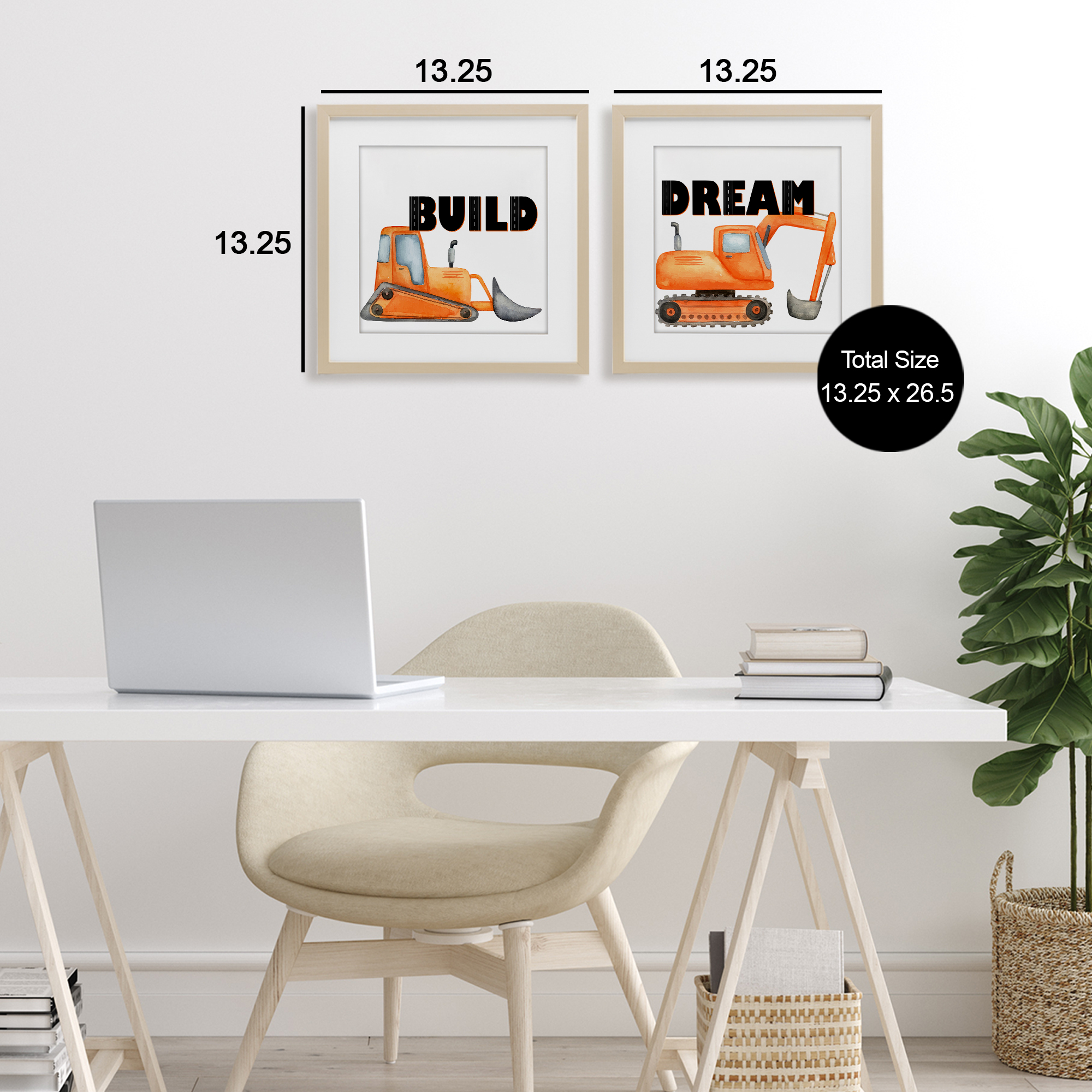 Build & Dream Construction Vehicles 2 Piece Birch Framed Print Under Glass Set, design by Kim Allen