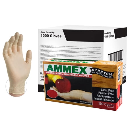 AMMEX Stretch Synthetic Vinyl Latex-Free Industrial Gloves, Small, Ivory, 1000/Case