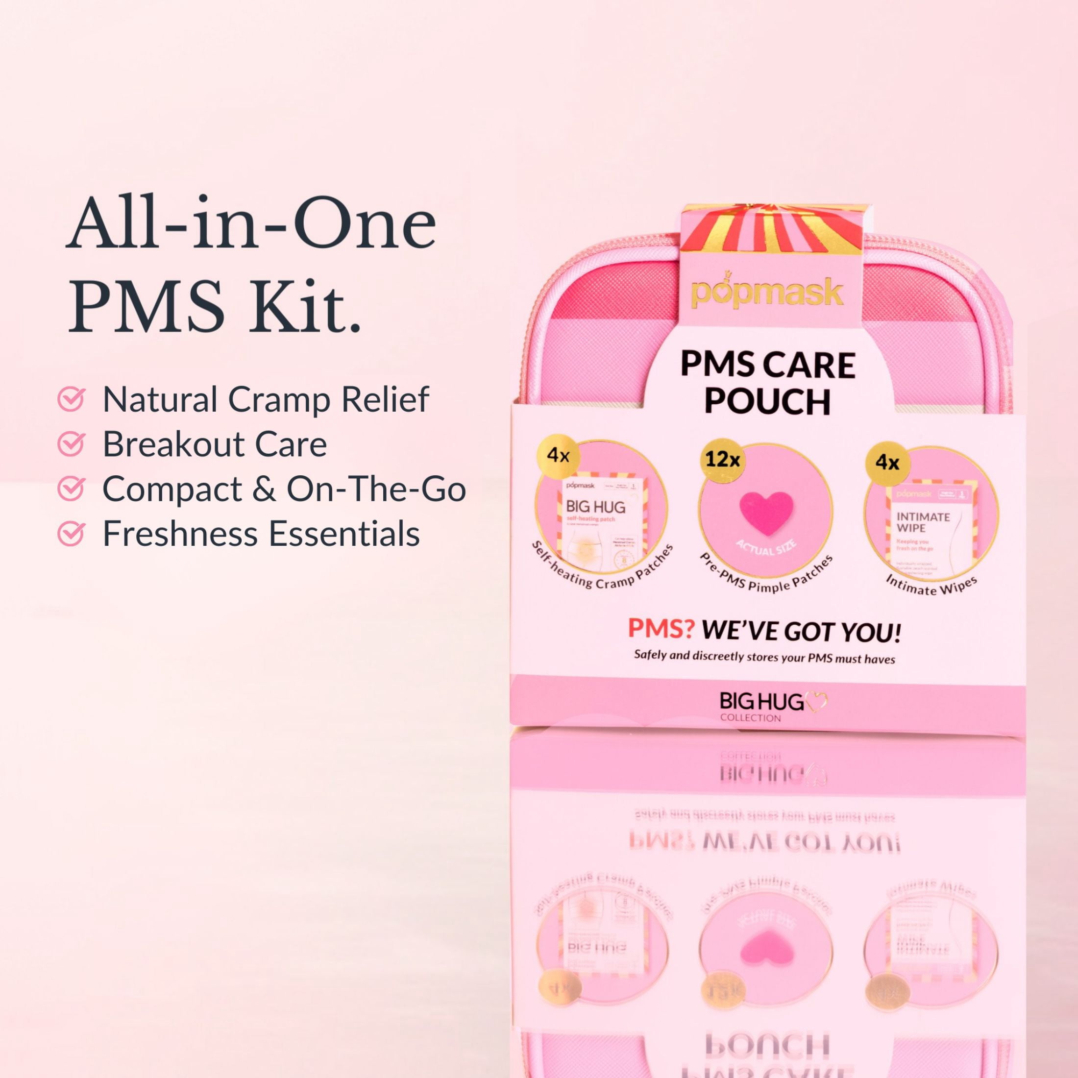 (2 pack) Popmask PMS Care Pouch – Big Hug Collection with 4 Self-Heating Cramp Patches, 12 Pimple Patches, and 4 Intimate Wipes