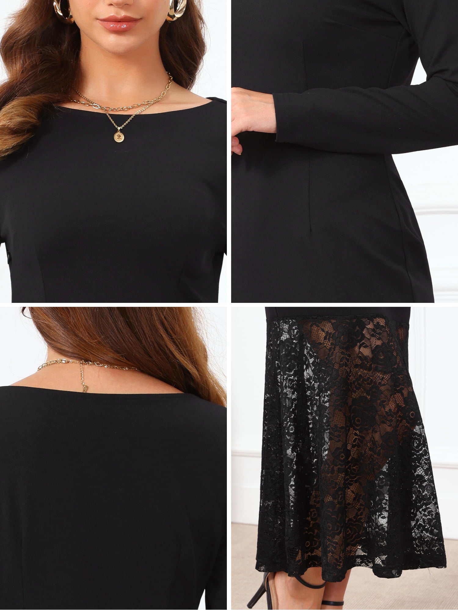 DARING DIVA Women's Lace Dress Wedding Guest Boat Neck Fishtail Dress L Black