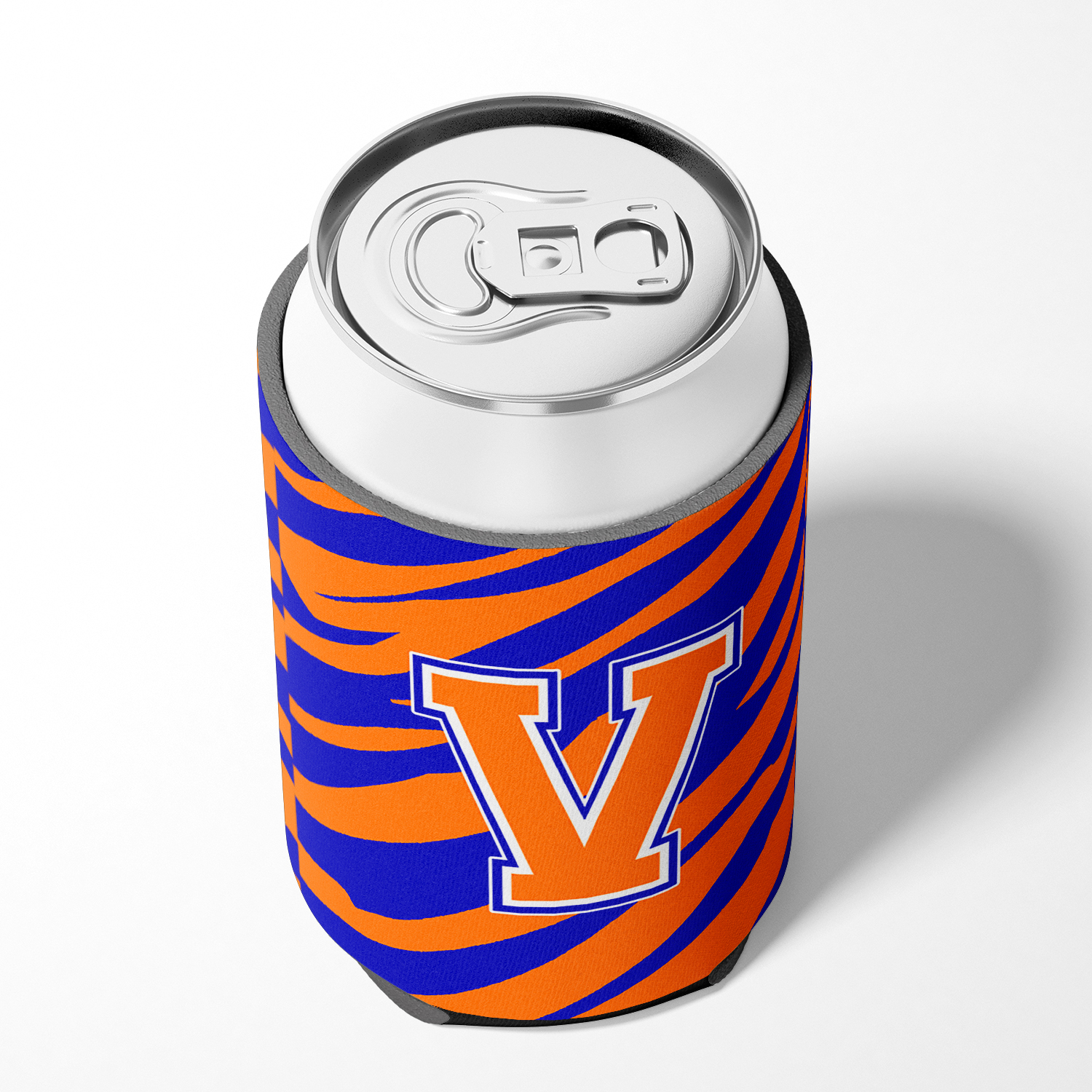 Letter V Initial Tiger Stripe - Blue Orange  Can or Bottle Hugger