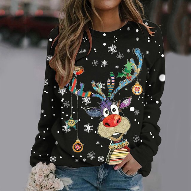 WILLBEST Playeras Navideñas Mujer Blusa Informal de Manga Larga y Cuello Redondo con Estampado Disfraces