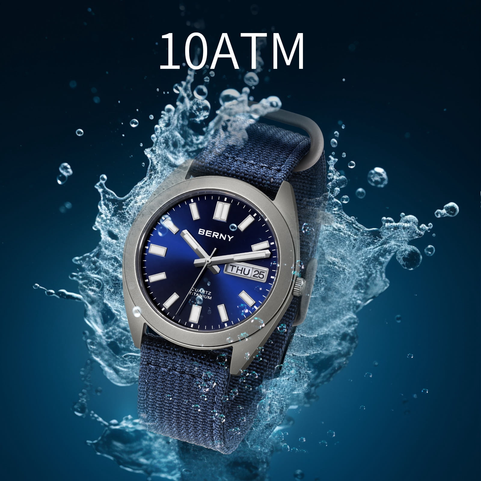 BERNY Titanium Watch for Men, Sport Men's Field Watch, Military Analog Quartz Watch with Date, Nylon Strap, Japanese Quartz Movement, Super Luminous, 10ATM Waterproof Army Wristwatch, Blue
