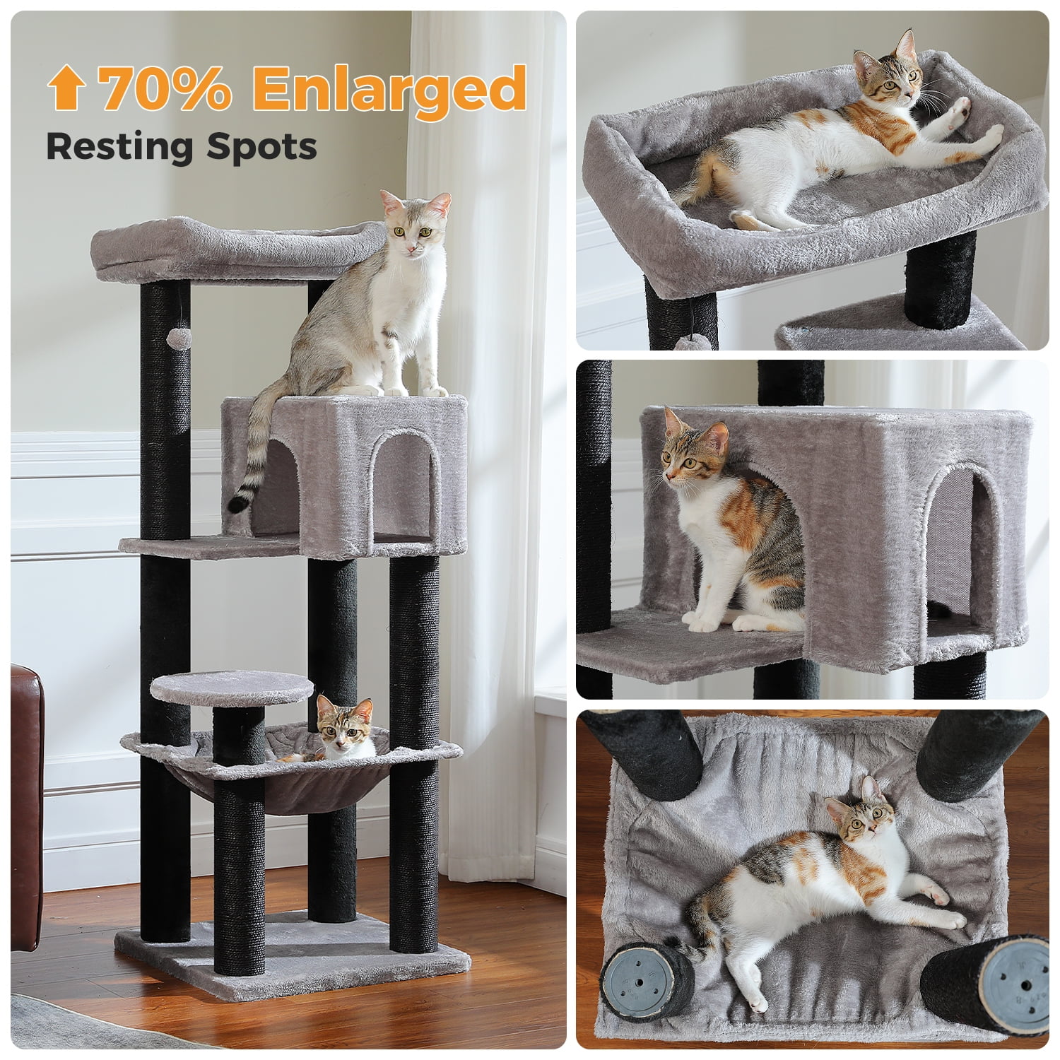 Pefilos 57" Cat Tree Tower for Indoor Cats, 5-Level Cat Condo with Large Hammock, Big Top Perch and 4 Sisal Covered Scratching Pos, Black