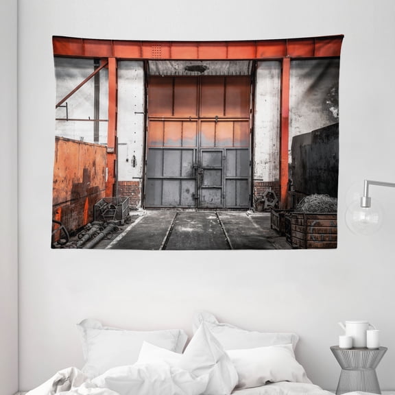 Industrial Decor Tapestry, Worn Out Metal Gate Entrance Grungy Structure Rustic Architecture, Wall Hanging for Bedroom Living Room Dorm Decor, 80W X 60L Inches, Orange Grey White, by Ambesonne