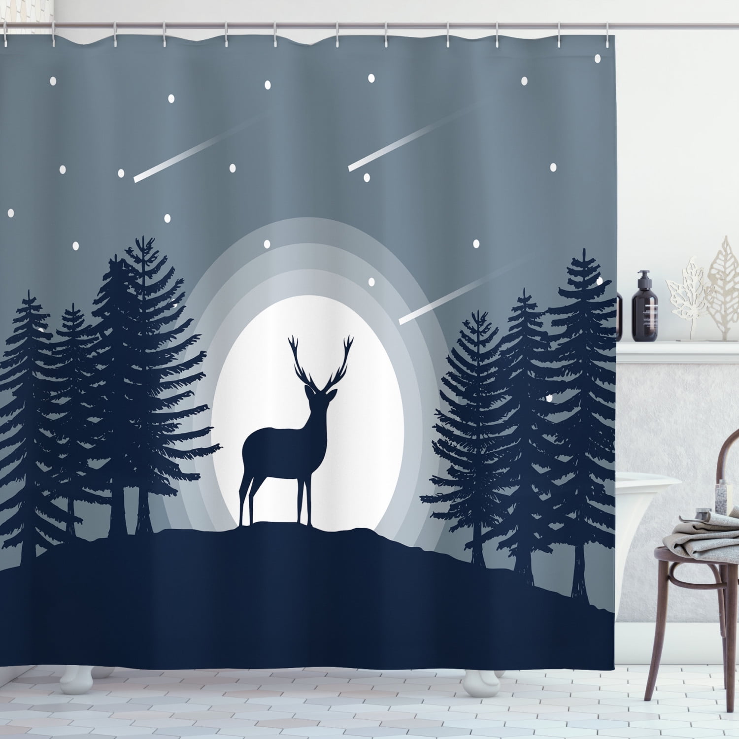 Deer Hunting Shower Curtain, Reindeer Silhouette at Night in Forest ...